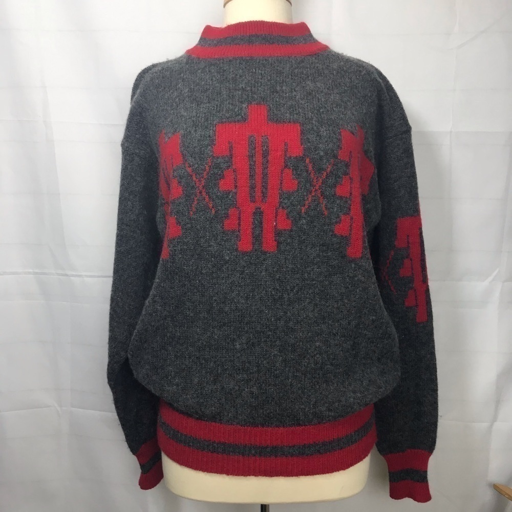 Vintage Grandpa sweater  70% wool Sz L gray/red